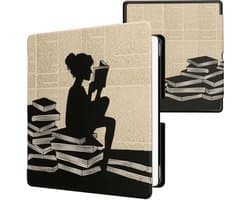 kwmobile e-reader hoesje geschikt voor Amazon Kindle Scribe (2024) hoes - E reader flip case met magnetische sluiting - Ereader cover - Meisje met boeken design in zwart / beige