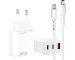 3 poorten usb stekker met kabel geschikt voor iPhone iPad met Lightning 1m wit snellader