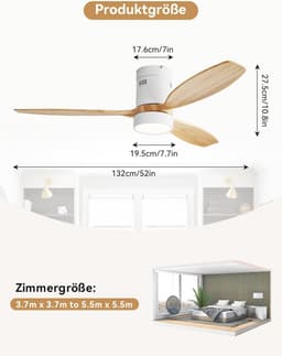 Plafondventilator met LED Verlichting en Afstandsbediening - 132 cm, 3 Houten Vleugels, DC-Motor, Timer en 6 Snelheden — thumbnail 2