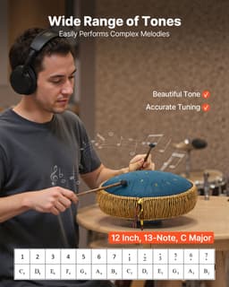 VEVOR Tongue Drum, ø305 mm, 13 Tonen, Rain Drum, C Majeur, met Muziekboek en Stokken, Percussie-Instrument voor Meditatie, Yoga en Muziekonderwijs voor Beginners, Steel Tongue Drum, Marineblauw — thumbnail 5