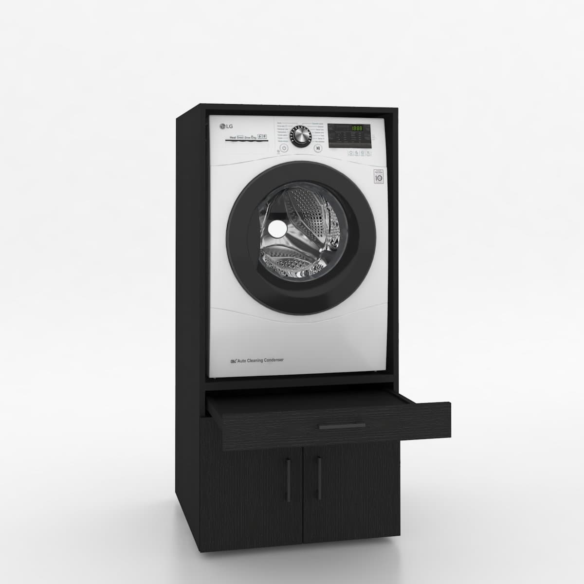 Wasmachinekast Enkel 67x145x67cm | Ruimtebesparend & Super Stevig | Met Uitschuiflade | Voor Wasmachine of Droger | Zwart Eiken — afbeelding 1