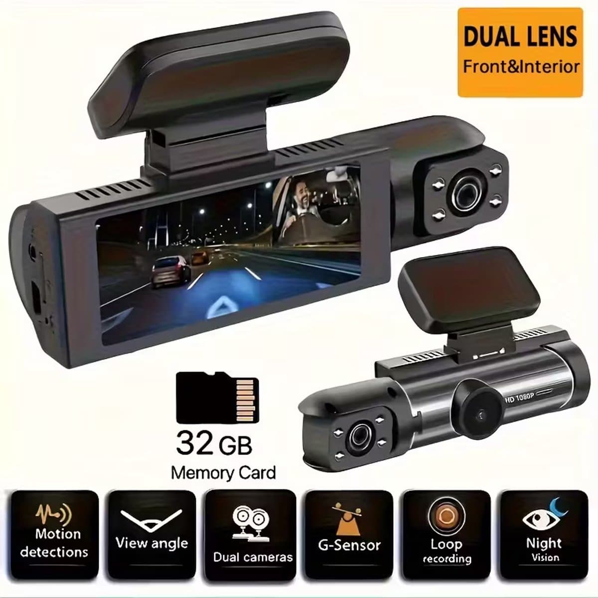 Dual‑Lens Dash Cam – Full HD 1080 p Voor & Achter, Nachtzicht & G‑Sensor – Inclusief 32 GB Geheugenkaart — afbeelding 1