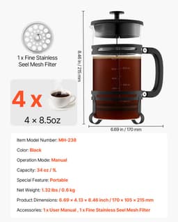 1 liter French Press-koffiezetapparaat, borosilicaatglas met roestvrijstalen filter, ideaal voor het zetten van koffie en thee thuis, op de camping of op reis, zilverkleurig — thumbnail 2