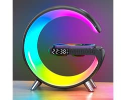 Draadloze Oplader met RGB Sfeerverlichting, Tijdweergave en Bluetooth Speaker