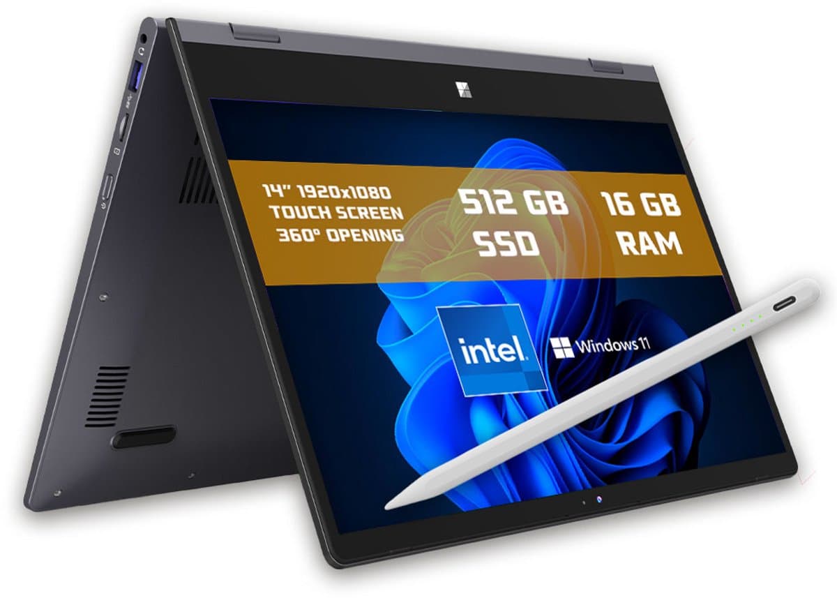 GMR - YOGA 360° Laptop - 14 Inch Full HD Touchscreen + Stylus - Intel N100 - 16GB DDR4 RAM - 512GB SSD - Windows 11 voor Thuis, Office en Studie Notebook — afbeelding 1