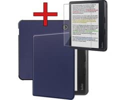 Hoes Geschikt voor Kobo Libra Colour - Met Screenprotector - Luxe E-reader Bescherm Case - Hoesje Book Cover - Donkerblauw