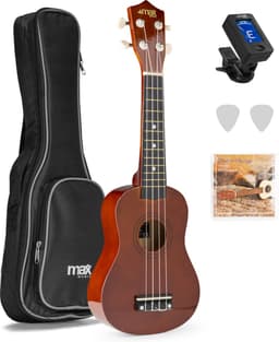 Ukelele set - MAX UKEY - 21 inch Ukulele van hout - Kindergitaar en gitaar voor volwassenen - incl. Ukelele tas, plectrums en stemapparaat - Bruin (hout) — thumbnail 1