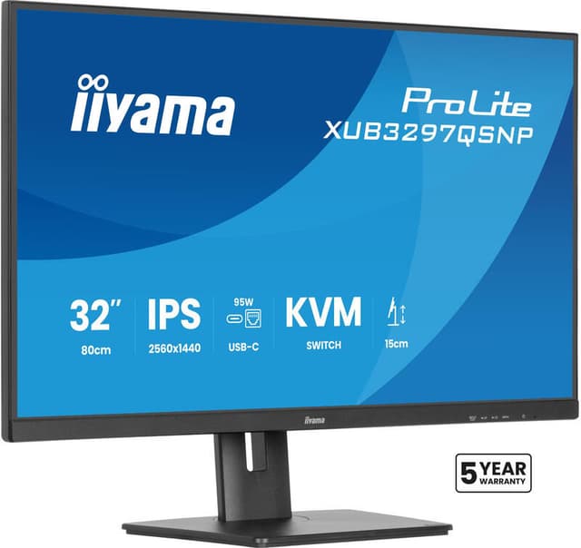 Iiyama ProLite XUB3297QSNP-B1 IPS-technologiepaneel met RJ45 (LAN), KVM-switch en USB-C-dock met 95 W stroomvoorziening, 81,3 cm QHD, zwart