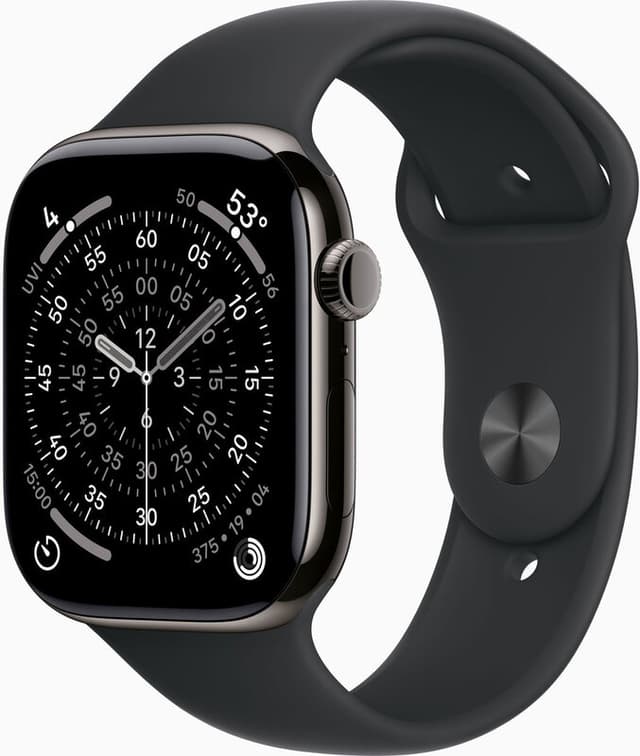 Apple Watch serie 11 GPS + mobiel 42 mm leigrijze titanium kast met zwarte sportband - M/L