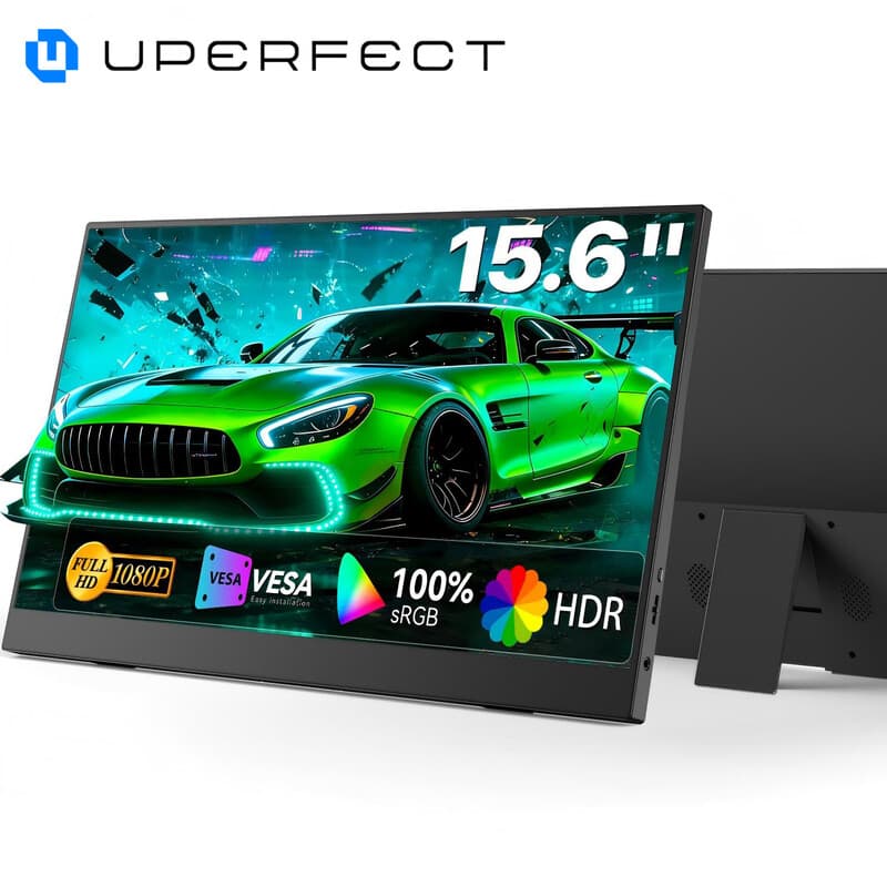 UPerfect Draagbare 15,6 inch monitor, 100% sRGB laptopmonitor, ingebouwde verstelbare standaard en ingebouwde luidspreker, VESA-compatibel, HDTV, USB-C, plug & play, tweede scherm voor telefoon en gameconsole — afbeelding 1