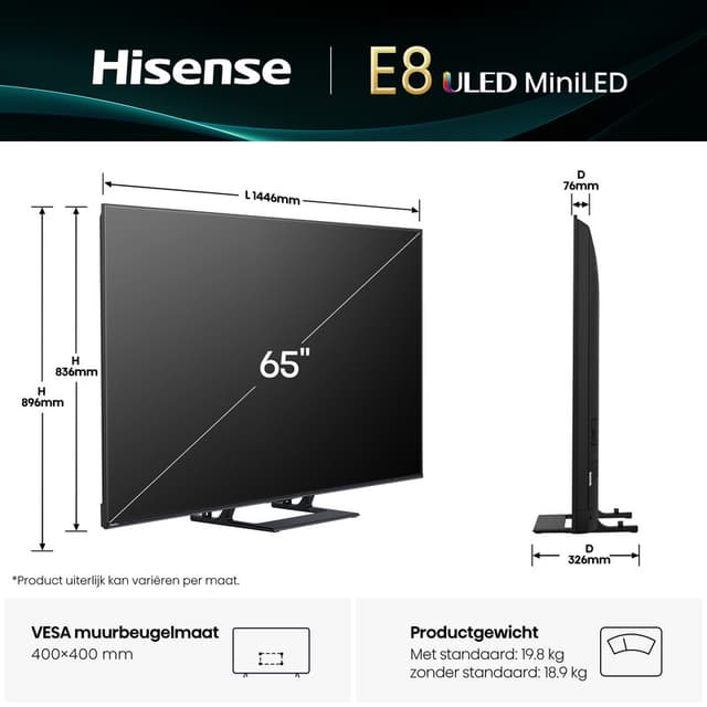 Hisense 65E8Q – 65 inch – 4K Mini-LED – 144Hz Smart TV