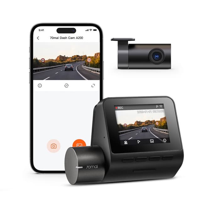 70mai Dashcam A200-1, Dual 1080P HDR Voor- en Achtercamera, 60 FPS vloeiende opname (voor), 70mai Night Owl Vision, 130° kijkhoek, 2'' IPS-scherm, WiFi App-bediening