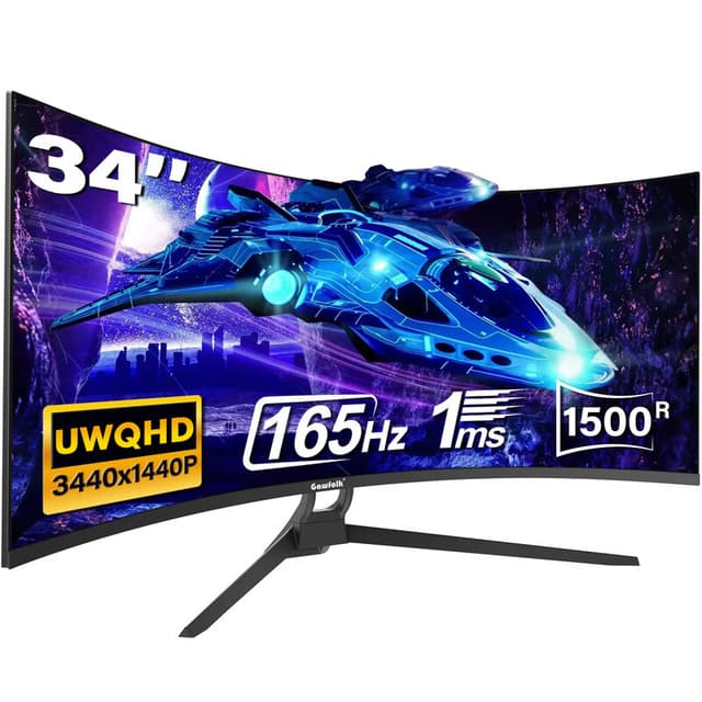 Gawfolk 34" Ultrabrede Curved Gaming Monitor: 1500R UWQHD 165Hz 21:9 VA Scherm, HDR10, 1ms, 99% sRGB, HDMI 2.1/DP 1.4, VESA-Montage, Low Blue Light Oogbescherming Display voor PC Gamer & Kantoor