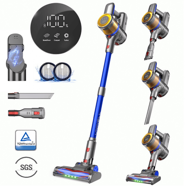 UNINELL HOME UV1 Draadloze stofzuiger, 45000 Pa / 450 W stofzuigers voor thuis met 60 min lopentijd, lichtgewicht anti-klit steelstofzuiger, opladen aan de muur, draadloze stofzuiger met opzetstukken voor dierenhaar.