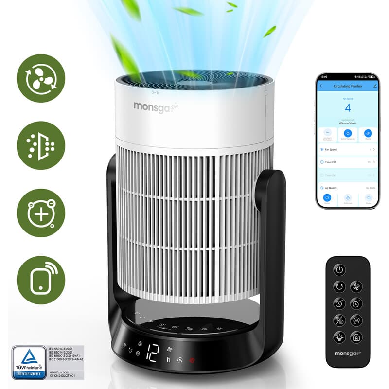 MONSGA AP200 2-in-1 luchtreiniger en luchtcirculator, H13 HEPA-filter, CADR 280 m³/u, 25 dB slaapmodus, bediening via app en afstandsbediening, voor slaap- en woonkamer — afbeelding 1