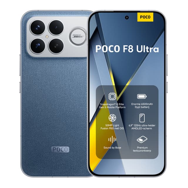 POCO F8 Ultra Denim Blue 16 GB RAM 512 GB ROM, 6,9 inch AMOLED-scherm 120 Hz, 50 MP Light Fusion 950 Camera met OIS, Bose-gesigneerd geluid, 6500 mAh batterij, Origineel met officiële garantie eSIM, Dual SIM, NFC