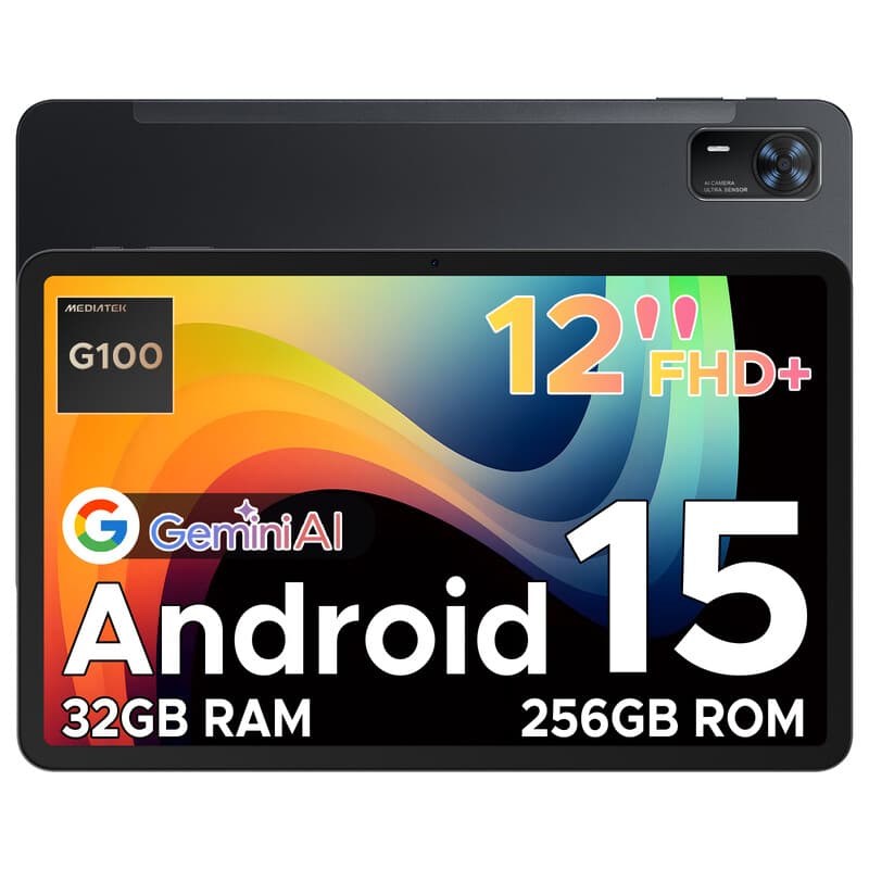 DOOGEE Tab E3+ Android 15, 12 inch FHD+ tablet met SIM-kaartsleuf, octa-core Helio G100, 90 Hz gaming, 32GB+256GB/2TB, 8800mAh, 7,5 mm ultradun, quad-luidsprekers, gezichtsidentificatie, zwart — afbeelding 1