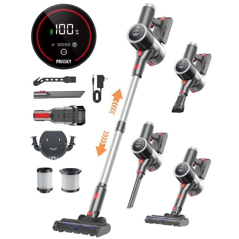 Prasky draadloze stofzuiger, 6-in-1 lichte steelstofzuiger met 45 min looptijd, led-display & verlichting, zelfstaand voor tapijt, tegels, huisdierenhaar & harde vloeren (zilver) — afbeelding 1