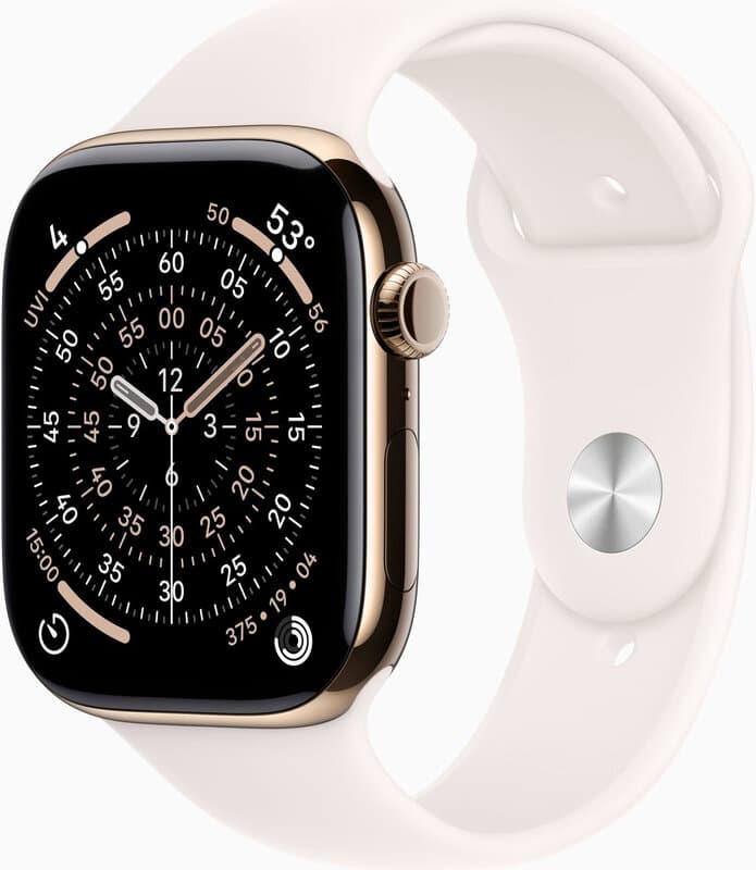 Apple Watch Series 11 GPS + mobiele connectiviteit 46 mm – gouden titanium kast met lichtroze sportband – M/L — afbeelding 1