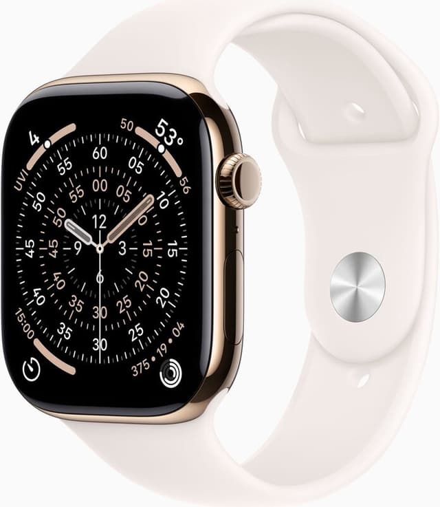 Apple Watch Series 11 GPS + mobiele connectiviteit 46 mm – gouden titanium kast met lichtroze sportband – M/L
