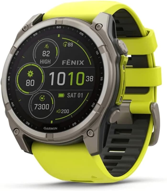 GARMIN Fenix 8 Solar Sapphire GPS 51 mm - titaniumgrijze behuizing - geel siliconen bandje — afbeelding 1