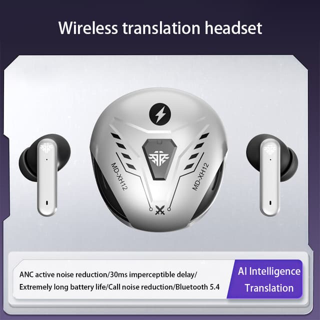 VoxorAI XH12 zilver AI Translator-hoofdtelefoon met realtime vertaalondersteuning voor 150 talen. Coole Bluetooth gaming-hoofdtelefoon voor studie, reizen en werk.
