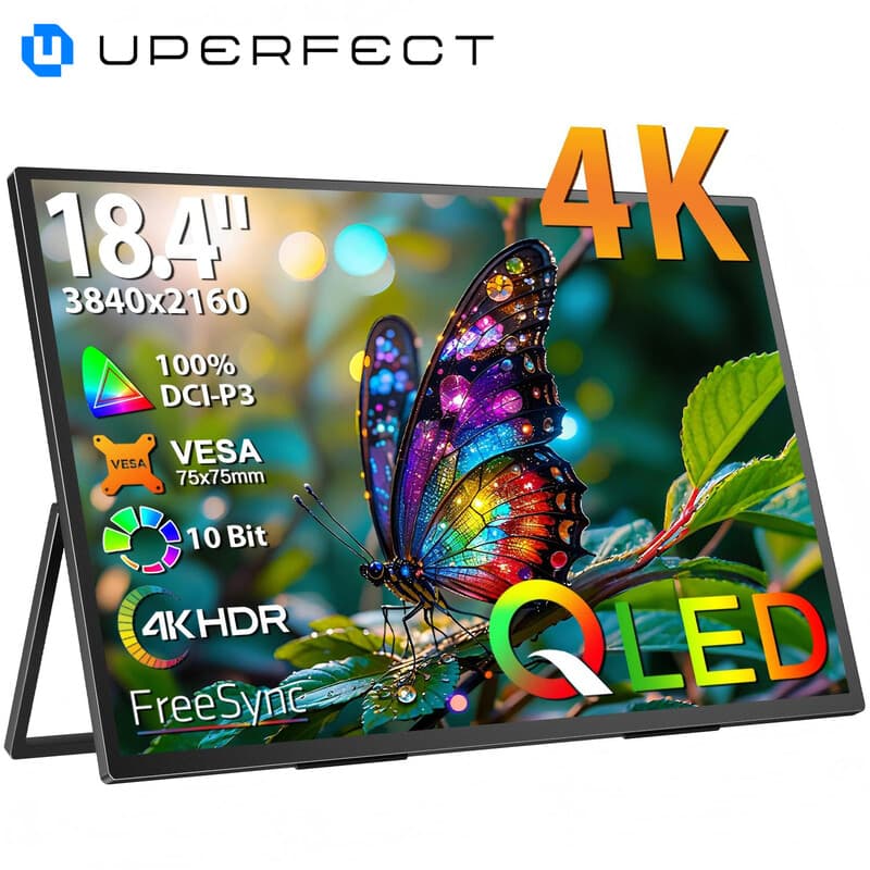 UPERFECT 18,4 inch 4K QLED draagbare monitor met 3840 x 2160 UHD-scherm, geïntegreerde bevestiging, USB-C, Mini-HDMI, voor pc, laptop, mobiele telefoon, Xbox Switch, PS4/5, metalen behuizing, VESA-montage — afbeelding 1