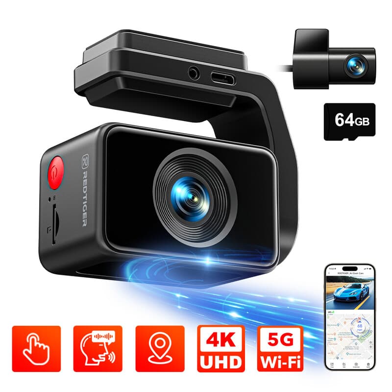 REDTIGER A4 dashcam voor en achter, 4K auto-dashcamera met GPS & 5G-wifi, touchscreen, 64GB-kaart, spraakbesturing, super nachtzicht, dashcam voor en achter met G-sensor — afbeelding 1