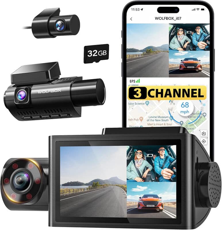 WOLFBOX i07 3-kanaals dashcam met ingebouwde wifi en gps, 4K-dashcam voor voorzijde en interieur, 1440P+1080P+1080P driedubbele autocamera met 3 inch lcd-scherm, 32 GB-kaart inbegrepen, ir-nachtzicht — afbeelding 1
