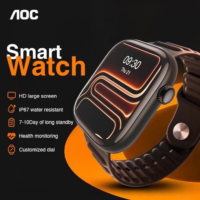 AOC T7 Smartwatch, 1,83 inch groot display, Hartslag, Bloedzuurstof en slaapmonitoring, Bluetooth 5.3, IP67 waterbestendigheid, Magnetisch snelladen, Meerdere trainingsmodi, Aanpasbare wijzerplaten