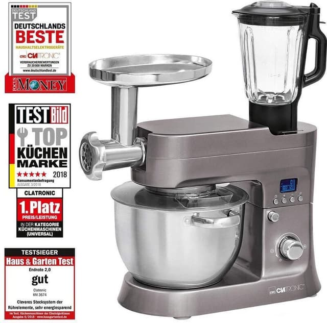 Clatronic KM 3674 - Keukenmachine - 1200 W, 6,2 L, titanium, 4-in-1 LCD