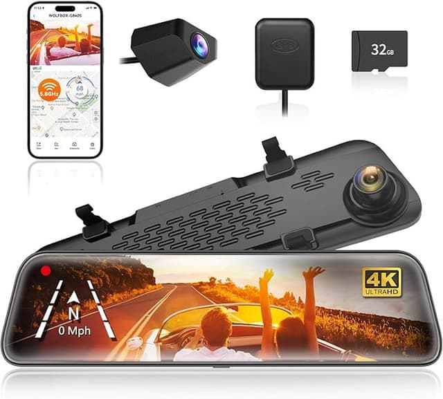 WOLFBOX G840S 12" 4K spiegel-dashcam, 5,8 GHz WiFi slimme achteruitkijkspiegel voor auto's en vrachtwagens, dubbele camera's voor voor- en achterkant, nachtzicht, parkeerassistentie, inclusief 32 GB SD-kaart & GPS