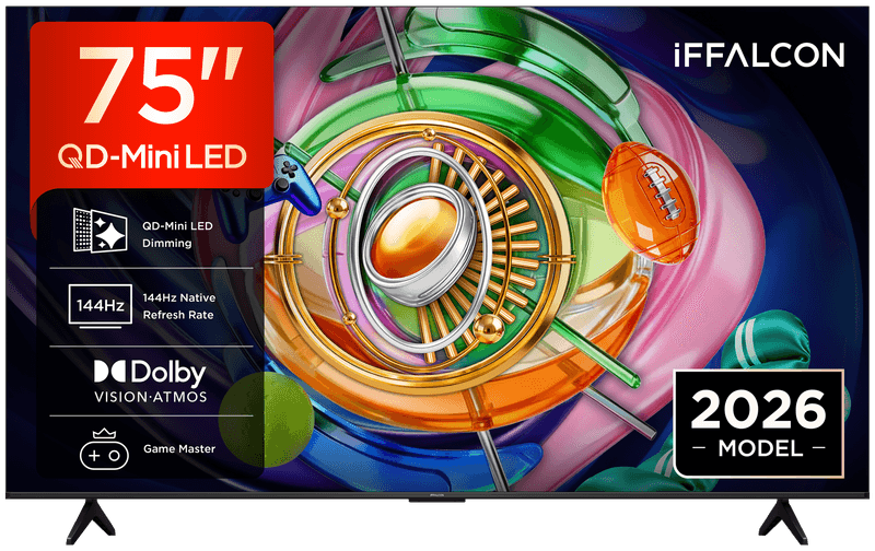 iFFALCON 75U85A 75" QD-Mini LED, 4K HDR, Google TV, Dolby Vision, HDR10+&Atmos, 144Hz VRR, FreeSync Premium, Game Master, spraakbediening, Google Assistant, Google Cast, AirPlay 2
