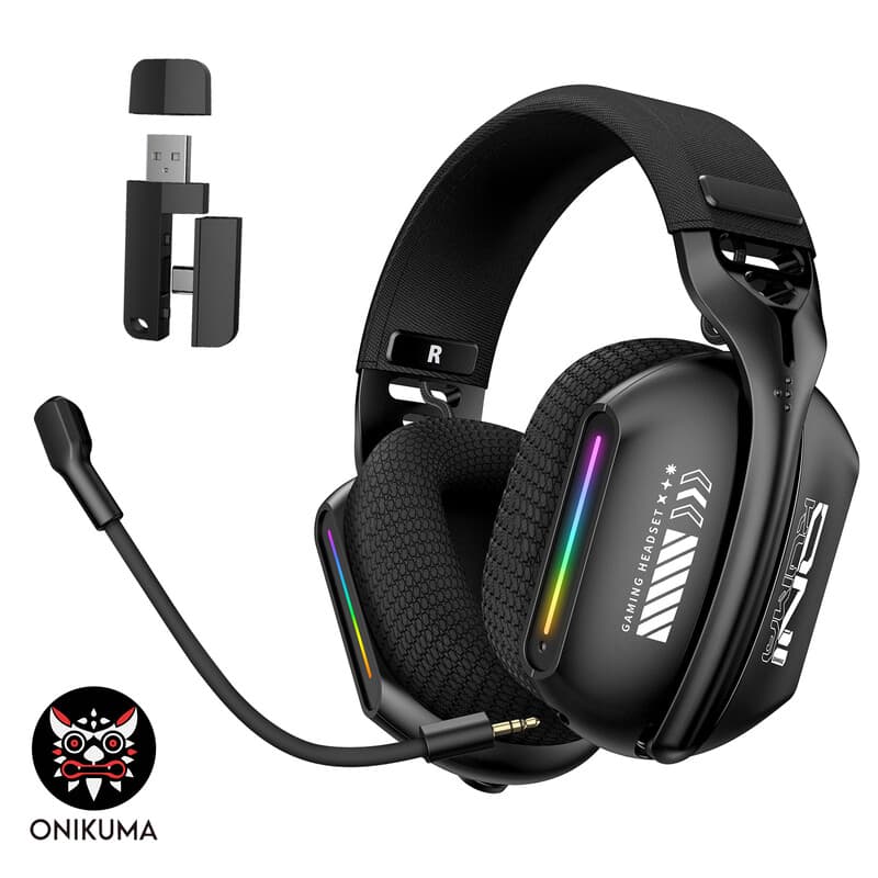 ONIKUMA GT808, RGB-verlichte draadloze headset met drie modi, ideaal voor PC/laptop/FPS-gamers, 2.4GHz draadloze gamingheadset met microfoon, 5.3-kanaals draadloze gamingheadset, stereo-audio, oplaadbare gaming/muziekheadset, over-ear headset, cadeau — afbeelding 1