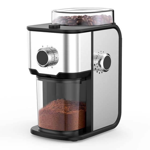 Ollygrin BG705 elektrische koffiemolen met vlakke maalwalsen, verstelbare koffiemolen voor thuisgebruik, compacte koffiebonenmaler met 14 maalstanden, 2-12 kopjes voor thuis en op kantoor