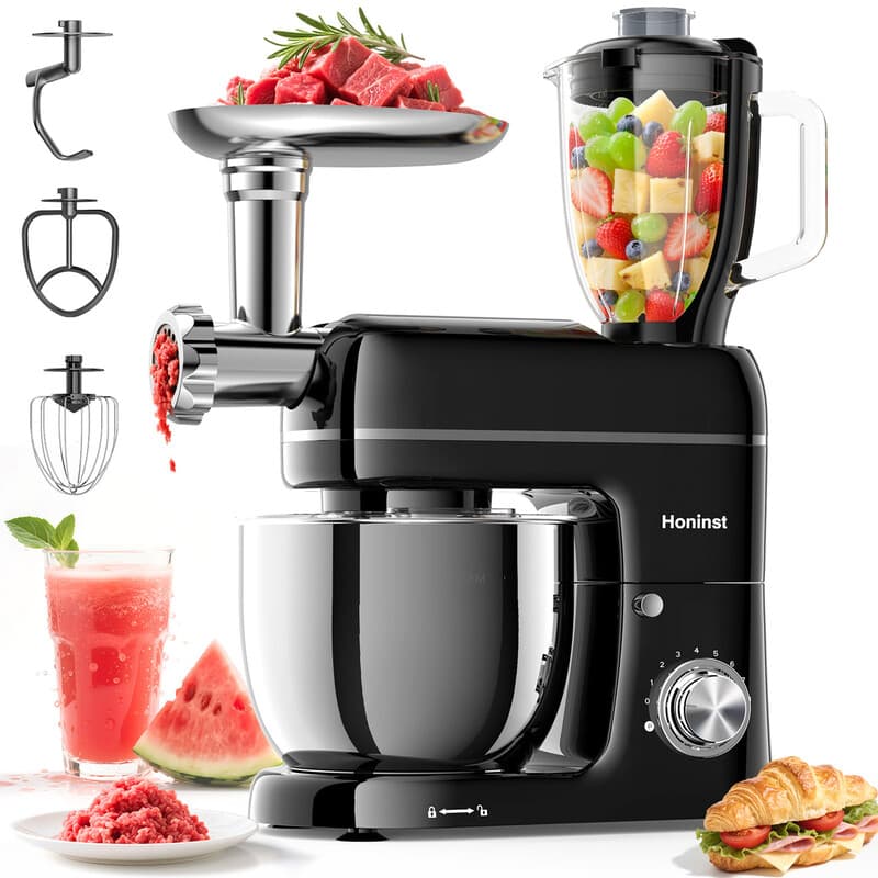 Honinst 7-in-1 Multifunctionele Staande Mixer, 6,5 QT 8-Snelheden Kantelkop Keukenmixer, Elektrische Voedingsmixer met Vleesmolen, Juicer Blender, Deeghaak, Mixer, Garde en Kom voor de Meeste ThuisKoks — afbeelding 1