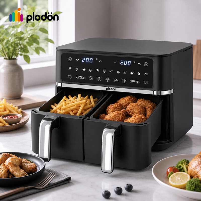 Plodon 9L dubbele zone airfryer, 2600–3100 W, dubbele mand, gelijktijdig koken & synchroon gaar worden, 12 kookprogramma’s, onafhankelijke temperatuurregeling, smart-touchscreen, voorverwarmen en warmhouden, vaatwasserbestendig, maximale krokantstand, AFT — afbeelding 1