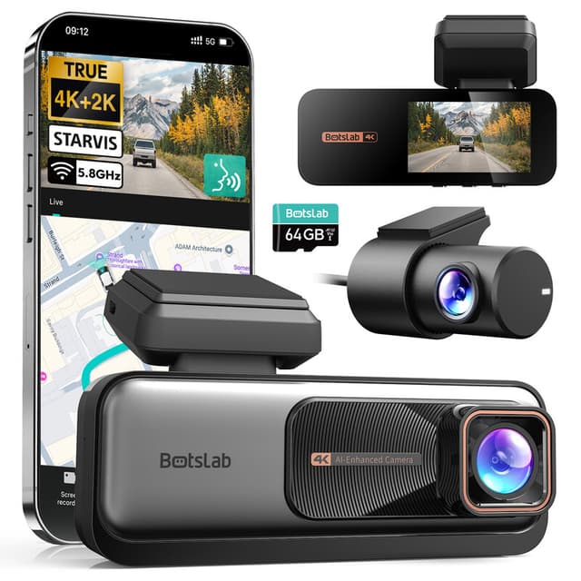 BOTSLAB 4K-dashcam met voor- en achtercamera’s, ultrabrede 4K+2K, ADAS, nachtzicht, 24/7 parkeerstand, Sony STARVIS-sensor, WDR, 5,8 GHz wifi, ingebouwde GPS, looprecording