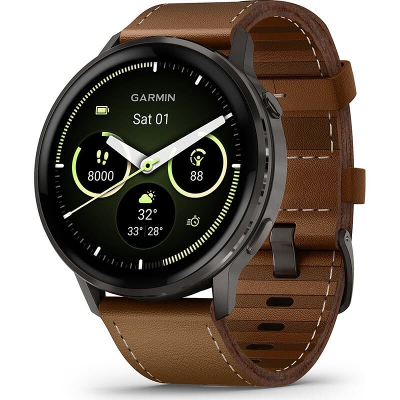 Garmin Venu 4 45 mm Smartwatch - Zwart - Donkerbruine Leren Band — afbeelding 1