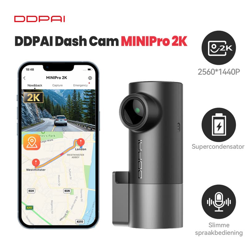 DDPAI MINI Pro dashcam, 1440p-resolutie, wifi, 121°-kijkhoek, nachtzicht, slimme spraakbediening, ondersteunt 24-uurs parkeermonitor — afbeelding 1