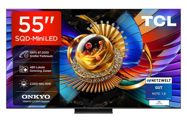 TCL 55Q7D PRO 55” SQD-Mini LED-tv, 4K HDR 2000 nits, 480 dimzones, Google TV, Dolby Vision IQ & Atmos, 2.1 Onkyo-audiosysteem, 144 Hz, Apple AirPlay 2 & Alexa