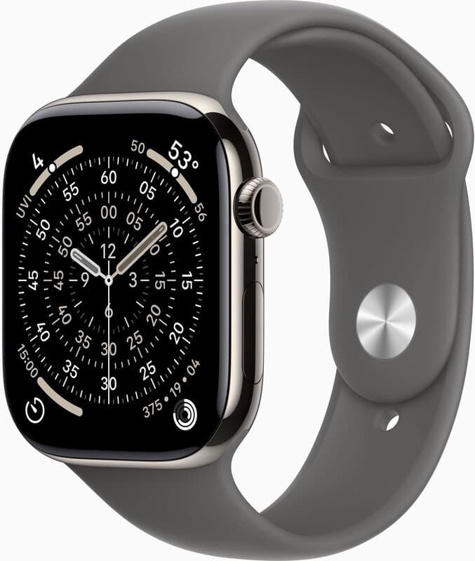 Apple Watch Series 11 GPS + mobiel 46 mm natuurlijke titanium kast met steengrijze sportband - S/M — afbeelding 1