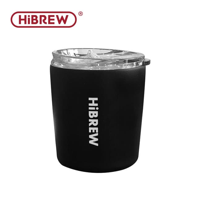 HiBREW 240 ml draagbare koffiethermosbeker in hangoorstijl met opvouwbaar filter, roestvrij staal, dubbelwandig, vacuümgeïsoleerde koffiebeker - zwart
