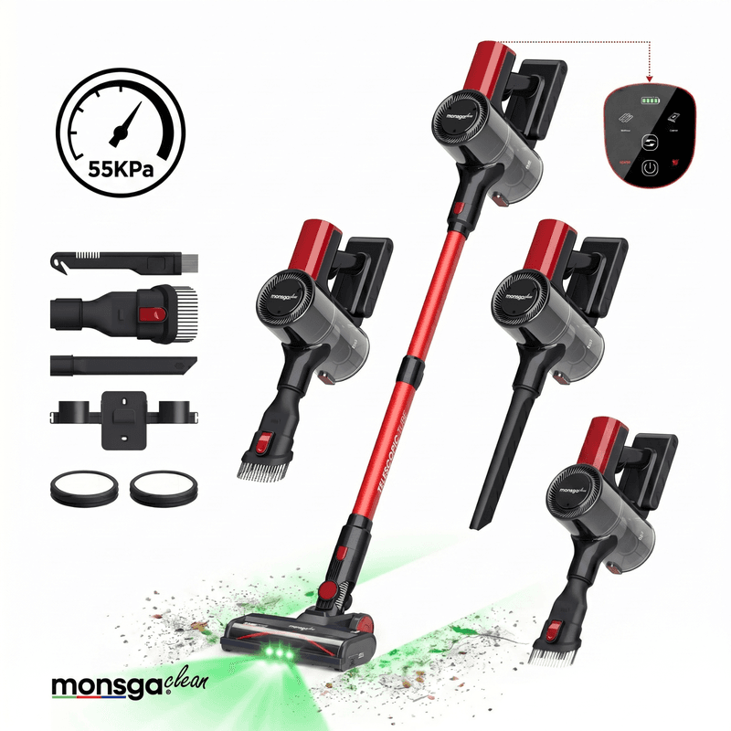 monsgaClean M100 Rode Draadloze Stofzuiger, 55000 Pa 45 Minuten Stofzuigers voor Thuis, Touch Display, Groen Licht Reval Stof, Anti-Klit Steelstofzuiger Zelfstaand, Stofzuiger Draadloos Oplaadbaar voor Huisdierenhaar/Tapijt, 23,62" L x 13,78" B x 16,93" H — afbeelding 1