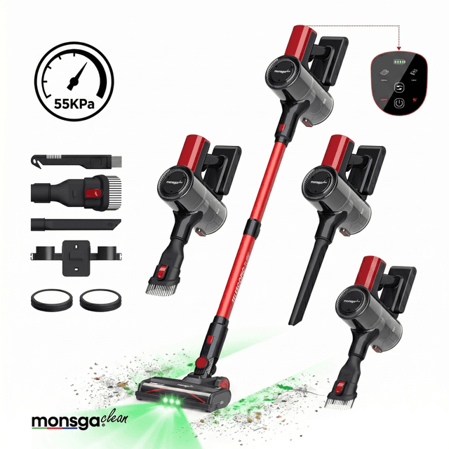 monsgaClean M100 Rode Draadloze Stofzuiger, 55000 Pa 45 Minuten Stofzuigers voor Thuis, Touch Display, Groen Licht Reval Stof, Anti-Klit Steelstofzuiger Zelfstaand, Stofzuiger Draadloos Oplaadbaar voor Huisdierenhaar/Tapijt, 23,62" L x 13,78" B x 16,93" H