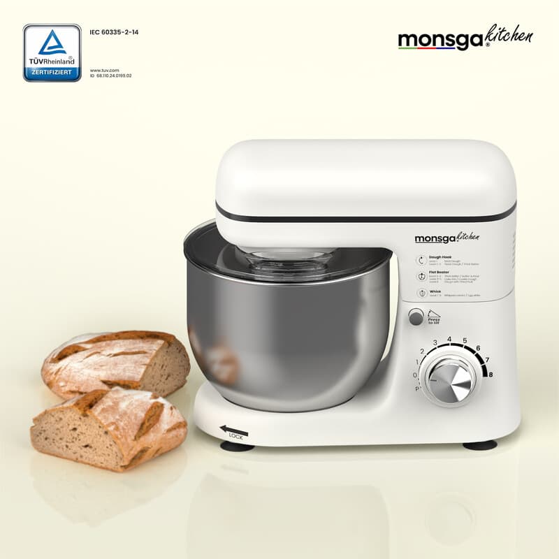 Monsga SM100 Keukenmachine, 1000W, Crèmewit, 5,0L RVS Mengkom, 8 Snelheden, Stil, met Premium Teflon Kneedhaak (Extra Antiaanbaklaag & 260°C Hittebestendig), Garde, Klopper & Spatdeksel — afbeelding 1