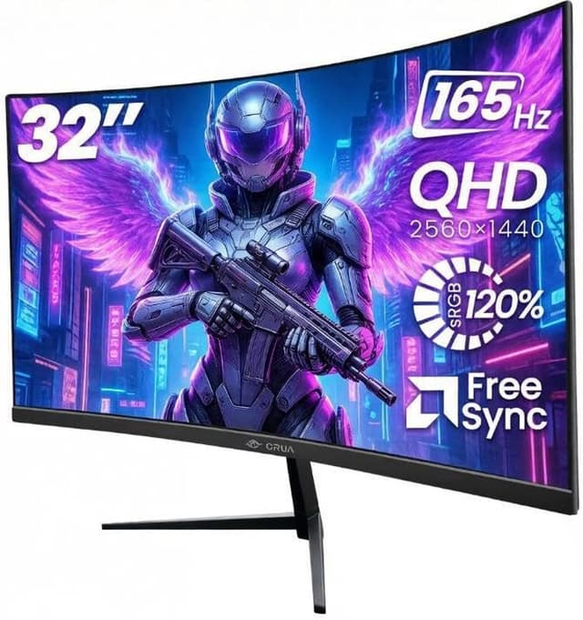 CRUA 32-inch randloze 1500R curved gamingmonitor | 2K QHD (2560×1440) 165Hz, Adaptive Sync, 100% sRGB-kleurweergave, 178° brede kijkhoek, HDMI/DisplayPort, VESA 100×100mm-bevestiging, Flicker-Free Low Blue Light, Geschikt voor EU/UK thuiswerkplekken, cons