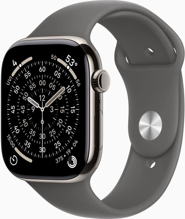Apple Watch Series 11 GPS + mobiele connectiviteit 42 mm – Natuurlijk titaniumen kast met steengrijze sportband – S/M