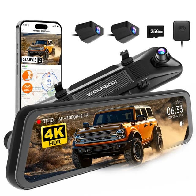 WOLFBOX G900 Tripro Bumper Versie 3-kanaals 4K spiegel-dashcam, 8 MP STARVIS 2 IMX678 nachtzicht, 4K+2.5K+1080P voor- en achterbumper-dashcam, 5.8 GHz wifi, spraakbesturing, inclusief 256 GB SD-kaart & GPS