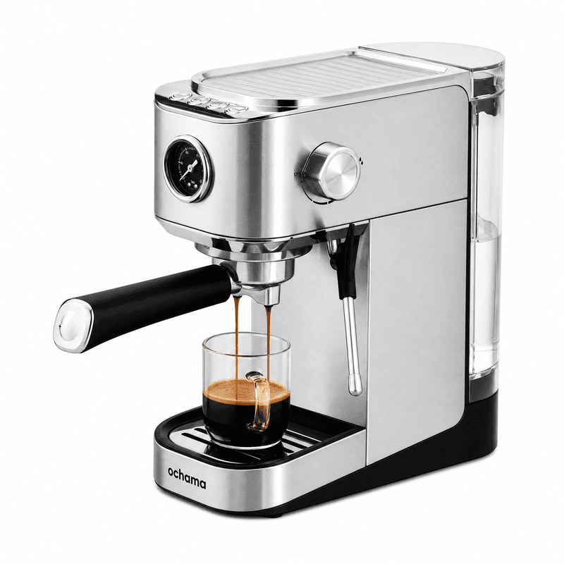ochama Halfautomatische Espressomachine, 20Bar Hoge‑Druk Extractie, 0,9L Afneembare Watertank, Kopjesverwarming, Volledig Metalen Rvs Behuizing Met Manometer, Stoom Melkopschuimer — afbeelding 1